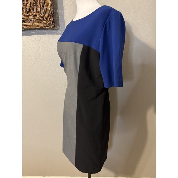 Tahari Dress 14 Black Blue Gray Colorblock Short Sleeve Sheath Career Church - Picture 10 of 11